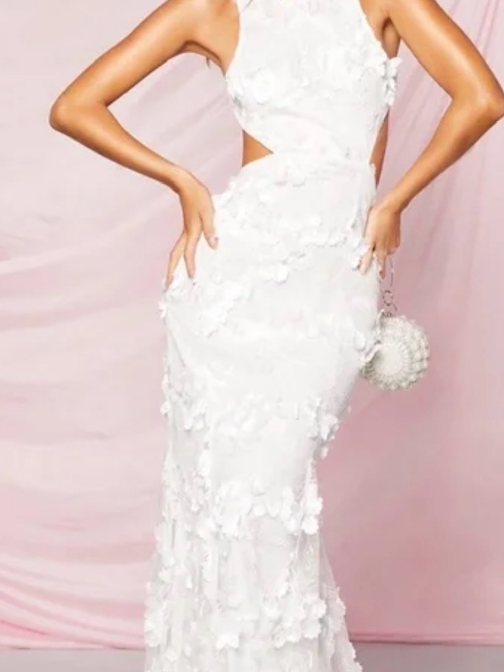 Boohoo White 3D Floral Appliqué Cutout Evening Maxi  Dress sz 14